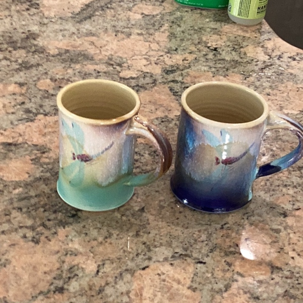 Two pottery large (holds 16 oz.) mugs in royal blue and aqua
